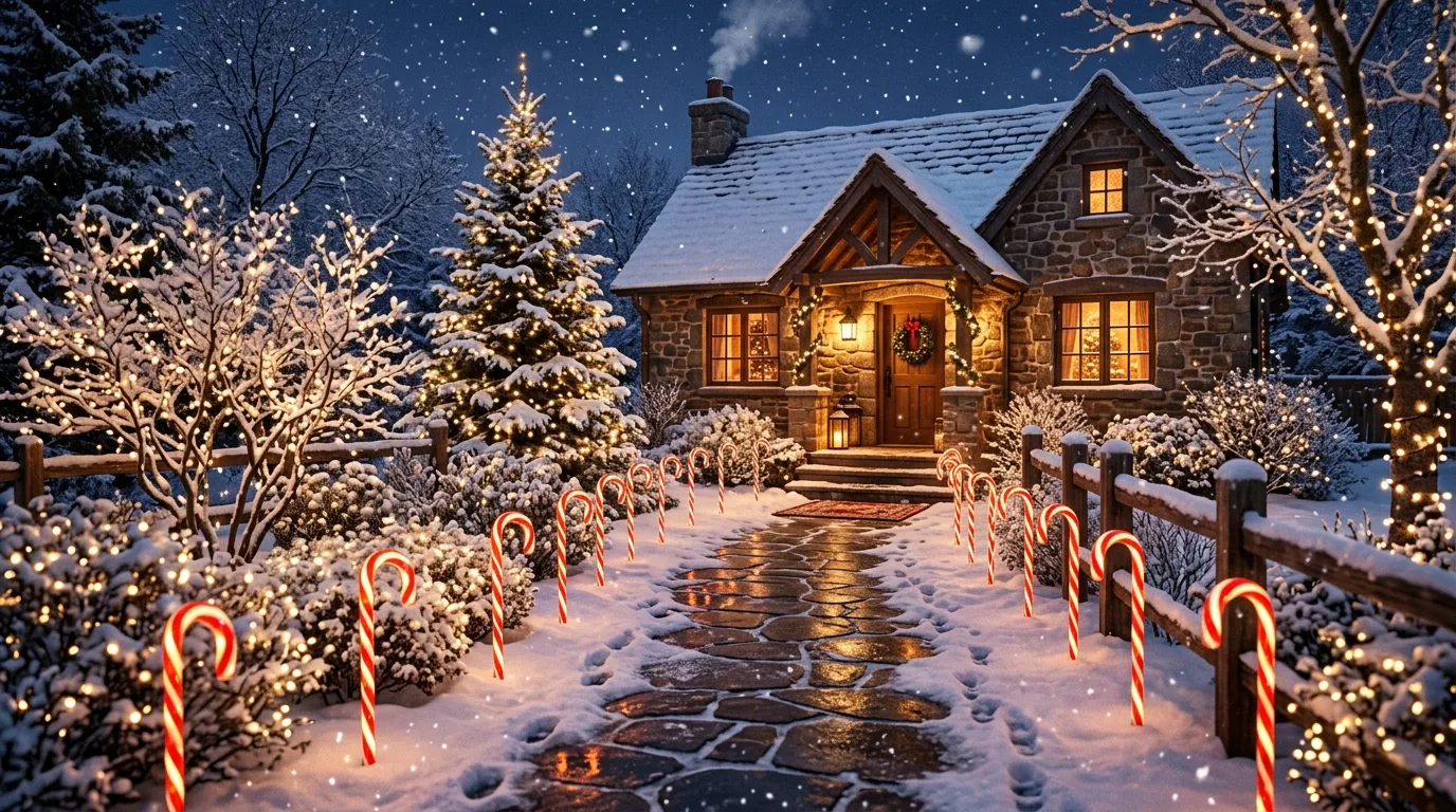 Rustic Cottage Front Yard With Candy Cane Stakes